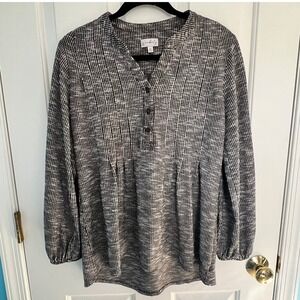 Wonderly M Black White Marled Knit Henley Tunic LS Empire Waist Babydoll